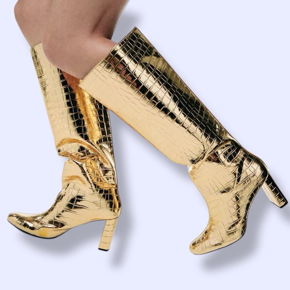 Zara Gold Croc-Embossed Knee-High Boots